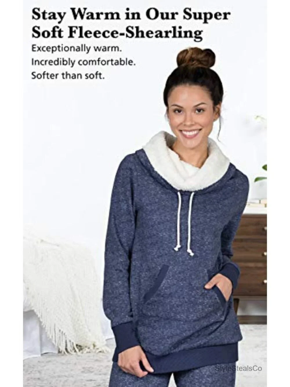 Women's Sherpa Fleece Cowl Neck Pajama Set - PajamaGram Lounge Set - Cotton